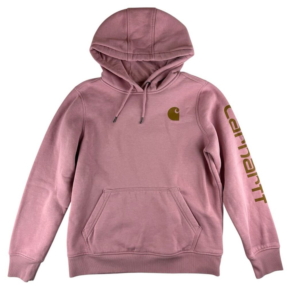Carhartt Women'M Relaxed Fit Pink Pullover Hoodie Size M Spellout Fleece